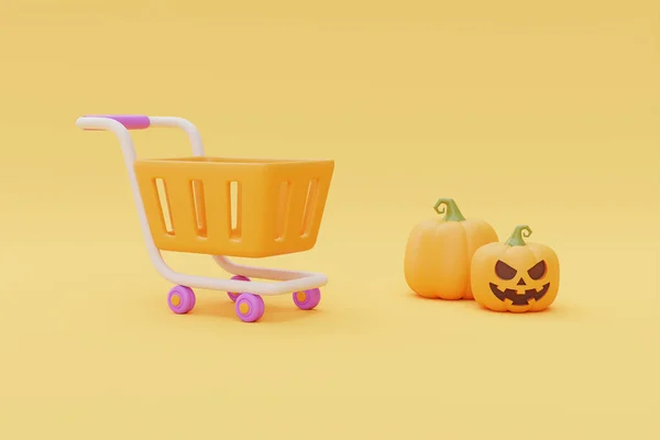 Happy Halloween Sale Jack Lantern Pumpkins Shopping Cart Yellow Background — 스톡 사진