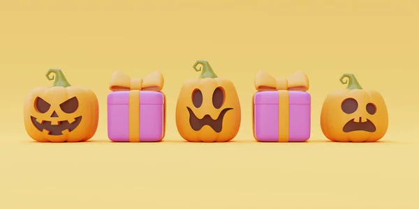 Happy Halloween Jack Lantern Pumpkins Gift Boxes Yellow Background Traditional — Fotografia de Stock