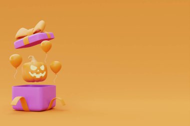 Opened gift boxes with Halloween Jack-o-Lantern pumpkins and balloon on yellow background, traditional october holiday, 3d rendering.
