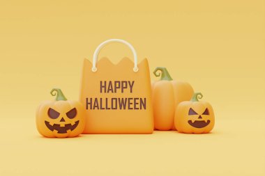 Happy Halloween with Jack-o-Lantern pumpkins and shopping bag on yellow background, traditional october holiday, 3d rendering.