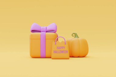 Happy Halloween with Jack-o-Lantern pumpkins, shopping bag and gift box on yellow background, traditional october holiday, 3d rendering.