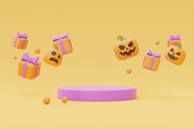 Happy Halloween with podium display and Jack-o-Lantern pumpkins and gift boxes on yellow background, traditional october holiday, 3d rendering.