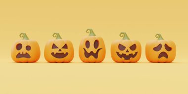 Happy Halloween with Jack-o-Lantern pumpkins on yellow background, traditional october holiday, 3d rendering.