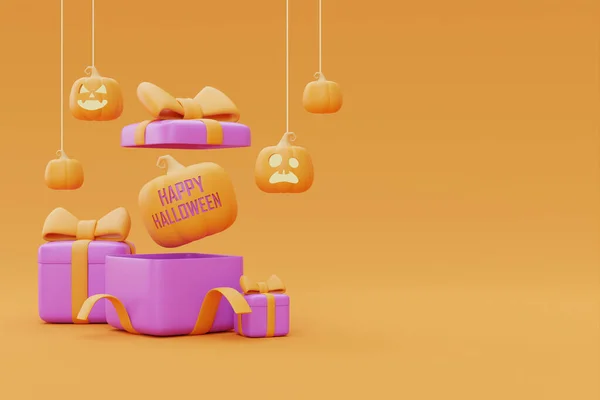 Opened gift boxes with Halloween Jack-o-Lantern pumpkins on yellow background, traditional october holiday, 3d rendering.