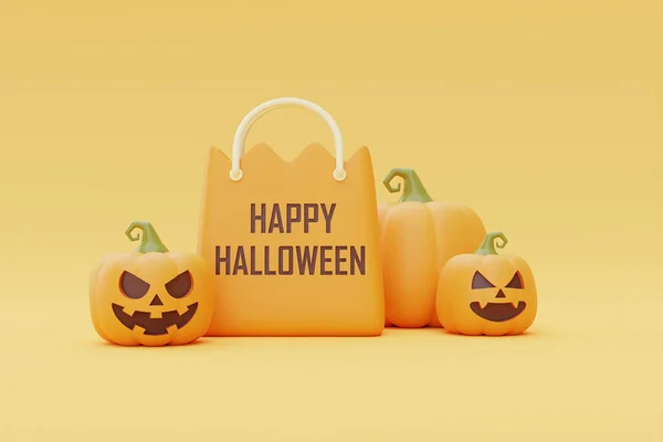 Happy Halloween Jack Lantern Pumpkins Shopping Bag Yellow Background Traditional — Fotografia de Stock