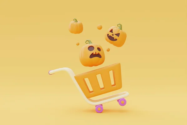 Happy Halloween Sale Jack Lantern Pumpkins Shopping Cart Yellow Background — Stok fotoğraf