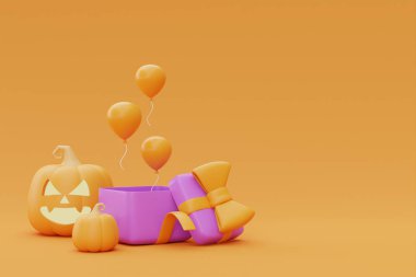 Opened gift boxes with Halloween Jack-o-Lantern pumpkins and balloon on yellow background, traditional october holiday, 3d rendering.