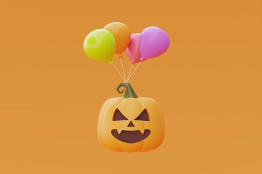 Happy Halloween with Jack-o-Lantern pumpkins and colorful balloon floating, traditional october holiday, 3d rendering.