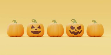 Happy Halloween with Jack-o-Lantern pumpkins on yellow background, traditional october holiday, 3d rendering.