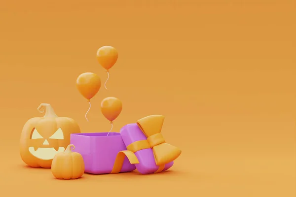 Opened Gift Boxes Halloween Jack Lantern Pumpkins Balloon Yellow Background — Stockfoto