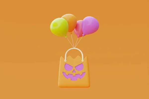 Καλή Halloween Jack Lantern Κολοκύθες Τσάντα Αγορών Και Πολύχρωμο Μπαλόνι — Φωτογραφία Αρχείου