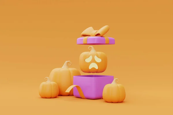 Opened Gift Boxes Halloween Jack Lantern Pumpkins Yellow Background Traditional — Foto de Stock