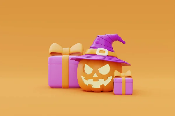 Gift Box Halloween Jack Lantern Pumpkins Yellow Background Traditional October — Stock Photo, Image