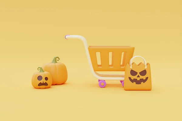 Happy Halloween Sale Jack Lantern Pumpkins Shopping Cart Yellow Background — 스톡 사진