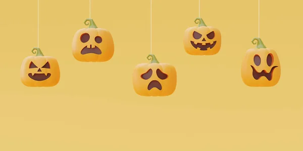 Happy Halloween Jack Lantern Pumpkins Floating Yellow Background Traditional October — Zdjęcie stockowe