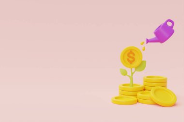 financial investments future income growth concept with dollar coin stacks and plant, saving money or interest increasing, 3d rendering