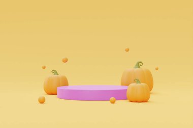 Happy Halloween with podium display and Jack-o-Lantern pumpkins and gift boxes on yellow background, traditional october holiday, 3d rendering.