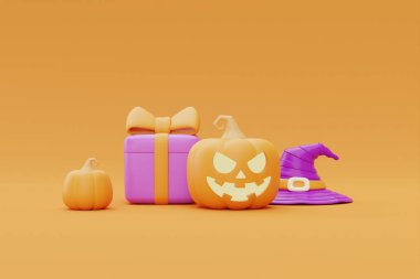 Gift box with Halloween Jack-o-Lantern pumpkins on yellow background, traditional october holiday, 3d rendering.