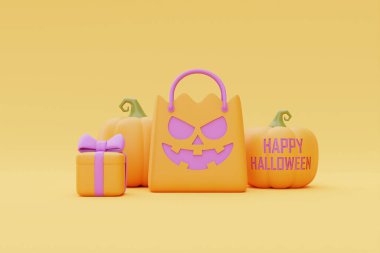 Happy Halloween with Jack-o-Lantern pumpkins, shopping bag and gift box on yellow background, traditional october holiday, 3d rendering.