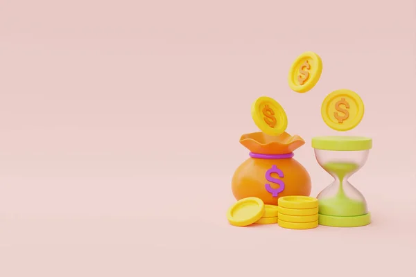 Time value of money concept with hourglass and coin stacks, time management, long term investment, payment deadline, 3d rendering
