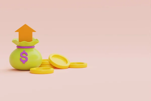 Money bag with golden coins stack on pastel background, money saving concept, 3d rendering.