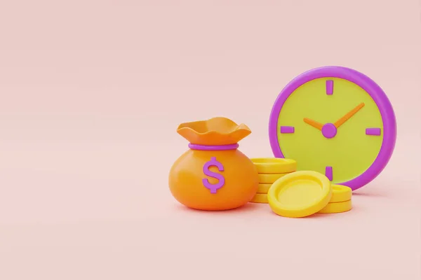 Time value of money concept with clock and coin stacks, time management, long term investment, payment deadline, 3d rendering.