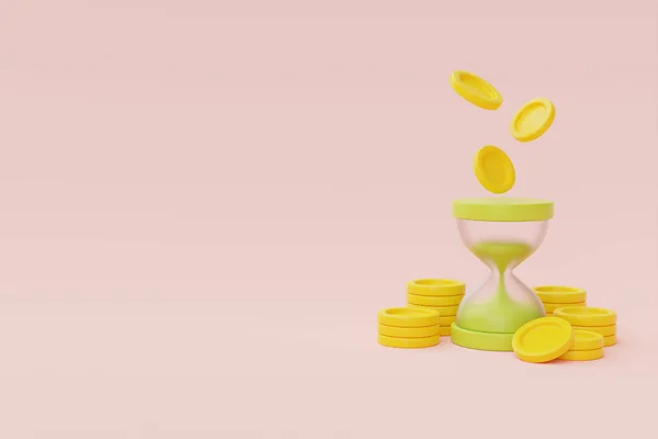 Time value of money concept with hourglass and coin stacks, time management, long term investment, payment deadline, 3d rendering