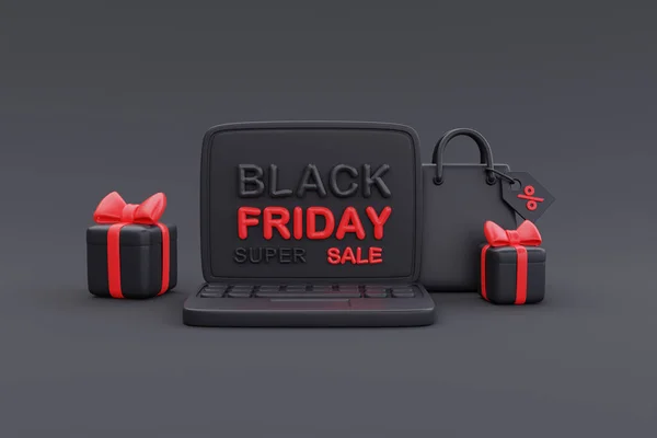 Black Friday Super Sale with computer and gift boxes, Christmas and Happy New Year promotion, 3d rendering