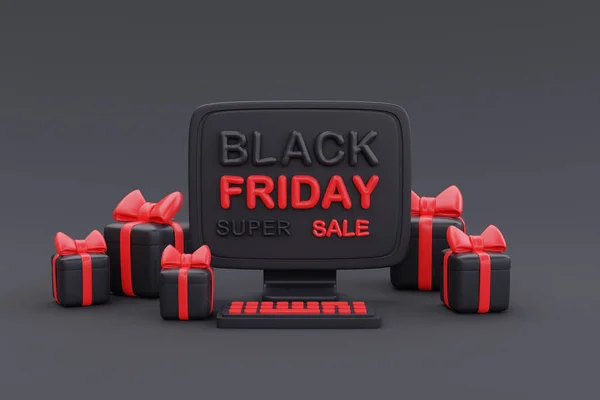 Black Friday Super Sale with computer and gift boxes, Christmas and Happy New Year promotion, 3d rendering