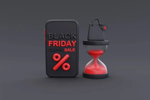 Black Friday Super Vanzare Smartphone Houseglass Sac Cumpărături Crăciun Happy — Fotografie, imagine de stoc