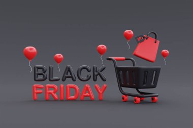 Black Friday Super Sale with shopping cart and bags, Christmas and Happy New Year promotion, 3d rendering
