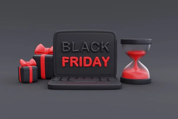 Black Friday Super Sale Computer Houseglass Gift Boxes Christmas Happy — Stock Photo, Image