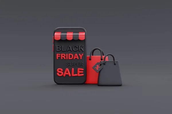 Black Friday Super Sale Mit Smartphone Und Einkaufstaschen Weihnachts Und — Stockfoto