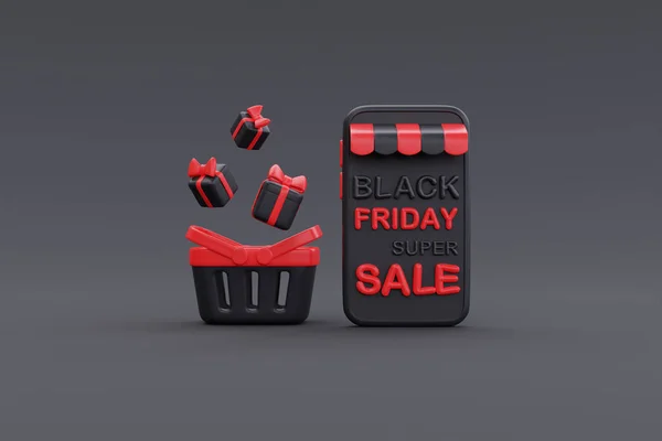 Black Friday Super Sale Smartphone Coș Cumpărături Cutii Cadouri Promoție — Fotografie, imagine de stoc