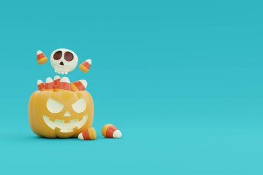 Cadılar Bayramı balkabağı sepeti renkli şeker ve şekerlerle dolu, geleneksel Ekim bayramı, 3D görüntüleme.