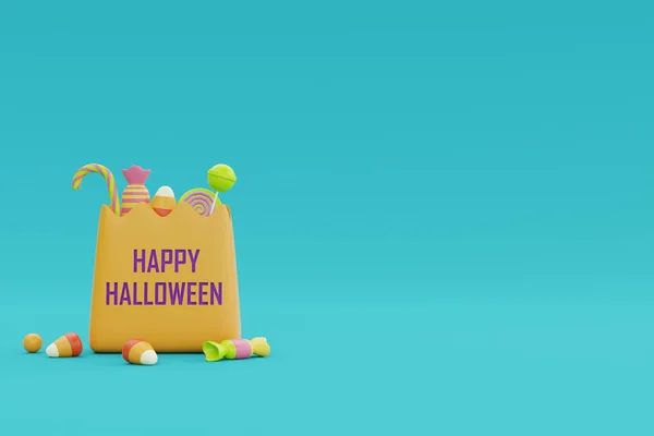 Joyeux Halloween Avec Sac Jaune Plein Bonbons Bonbons Colorés Vacances — Photo