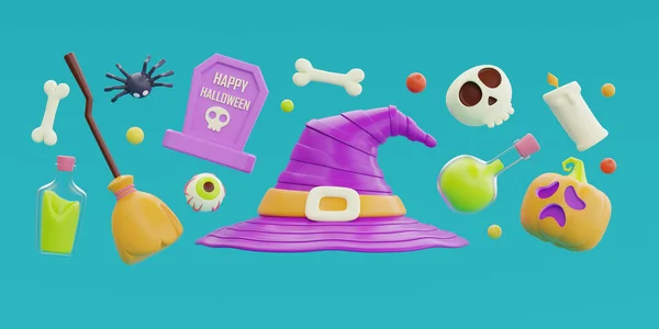 万圣节快乐 头戴女巫帽 头盖骨 五彩缤纷的糖果飘浮 3D渲染 — 图库照片