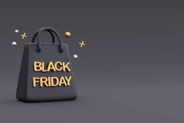 Alışveriş çantasıyla Kara Cuma Süper Satışı. Noel ve Mutlu Yeni Yıl terfileri, 3D yorumlama.