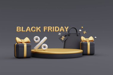 Podyum, alışveriş torbaları ve hediye kutularıyla Kara Cuma Süper İndirimi. Noel ve Mutlu Yeni Yıl terfileri, 3D yorumlama