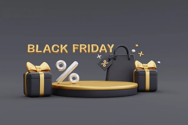 Black Friday Super Sale Afișaj Podium Saci Cumpărături Cutii Cadou — Fotografie, imagine de stoc