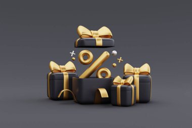 Hediye kutularıyla Kara Cuma Süper Satışı. Noel ve Mutlu Yeni Yıl terfileri, 3D yorumlama