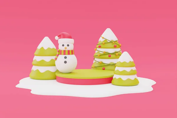 Снеговик Рождественскими Подарками Шарами Соснами Рождеством Новым Годом Рендеринг — стоковое фото