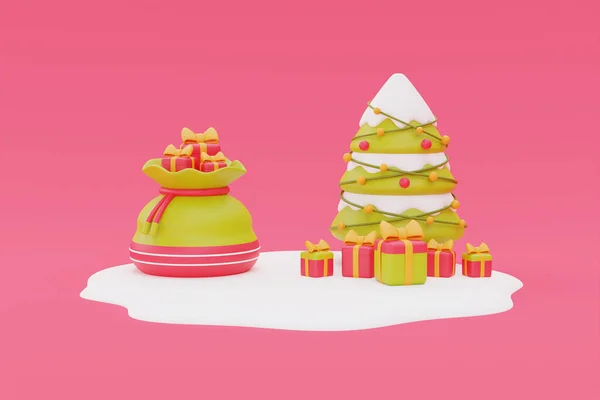 圣诞快乐 新年快乐 礼品盒 圣诞礼物袋 圣诞树 3D渲染 — 图库照片