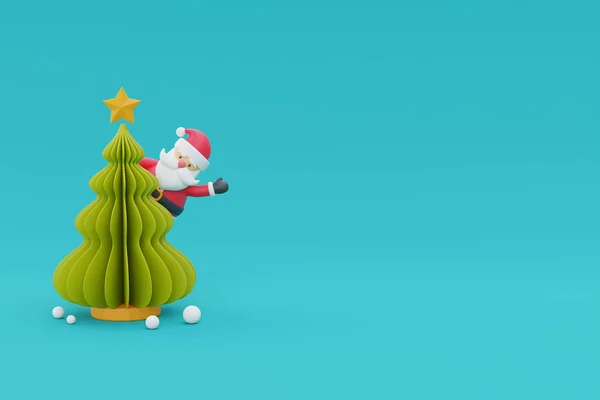 Christmas tree with cartoon character santa claus. Merry Christmas and Happy New Year. 3d rendering