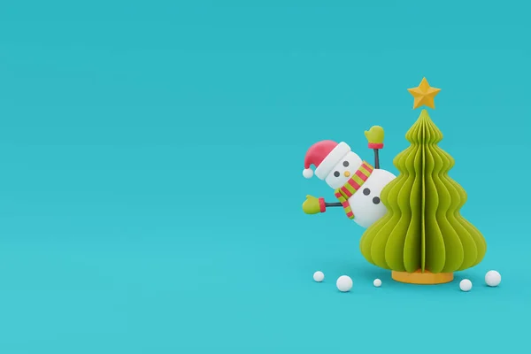 Christmas tree with cartoon character snowman. Merry Christmas and Happy New Year. 3d rendering