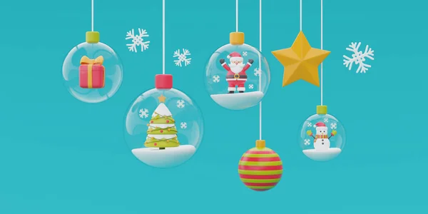 Noel Baba, kardan adam, çam ağacı ve yılbaşı süsüyle asılı cam toplar. Mutlu Noeller ve mutlu yıllar. 3d oluşturma