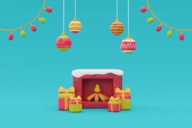 Şömineli Noel arkaplanı, hediyeler ve Noel süsü. Mutlu Noeller ve mutlu yıllar. 3d oluşturma