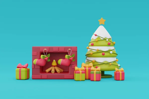 Şömineli Noel arkaplanı, hediyeler ve Noel süsü. Mutlu Noeller ve mutlu yıllar. 3d oluşturma