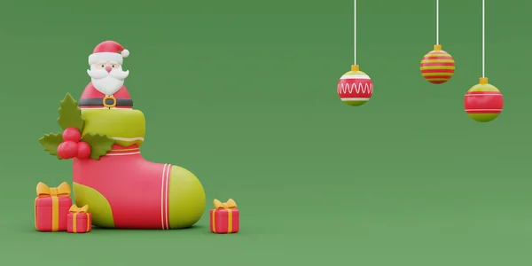 Noel arkaplanı çoraplar, hediyeler ve Noel süsü. Mutlu Noeller ve mutlu yıllar. 3d oluşturma