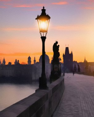 Çek Cumhuriyeti 'nin Prag şehrinde dijital boyayla ünlü bir yer. Eski Avrupa mimarisi. Ziyaret için popüler bir turistik yer. Çadır bezi üzerine pastel, arka planda kağıt dokusu